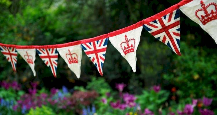 British flag Bunting in garden