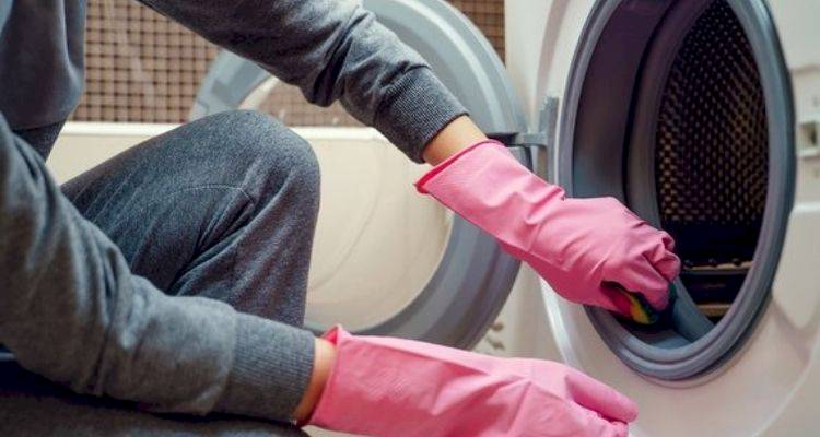 Woman with pink gloves cleaning washing machine