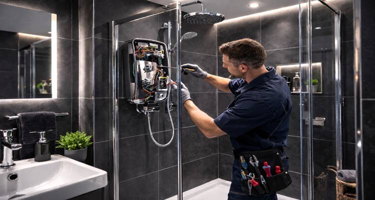 man fixing shower in cubicle