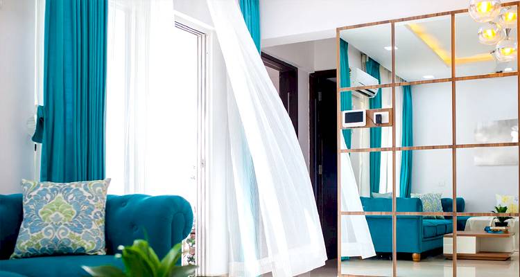 White and teal curtains