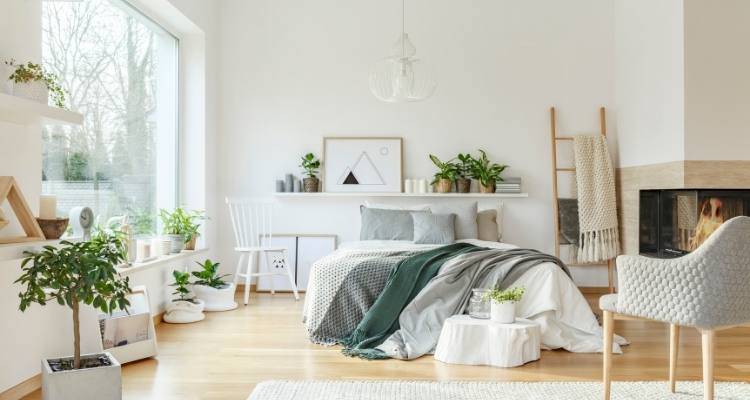 decluttered bedroom with wooden floor bright