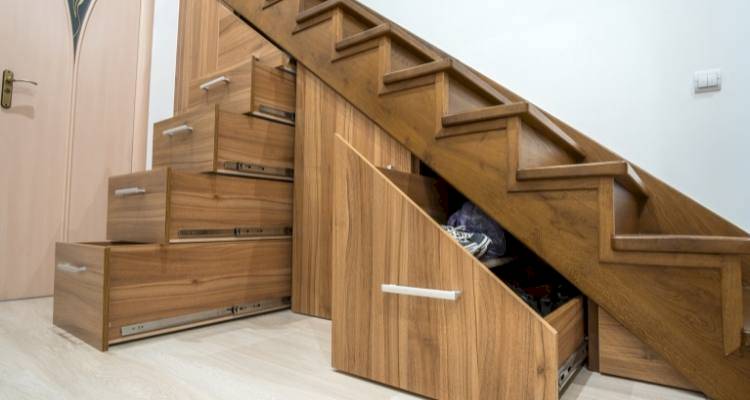 pop out storage under the stairs on rails