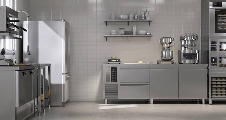 stainless steel kitchen and cement floor