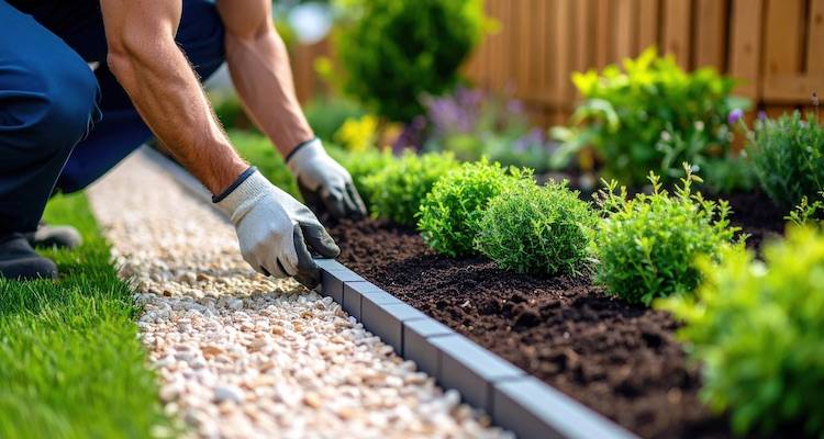gardener working on the border next to grass