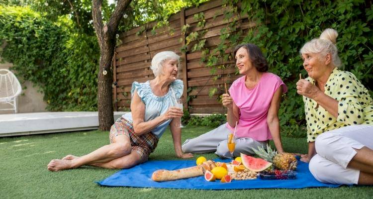 three ladies having a picmic in garden