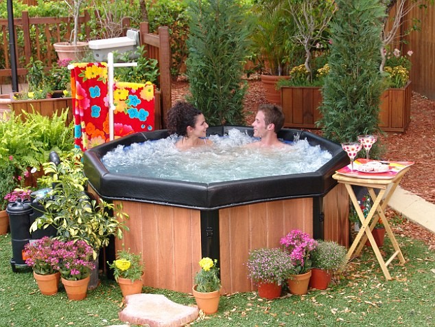 man and woman relaxing in a hot tub in the garden