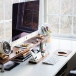 Office desk with monitor and lamp
