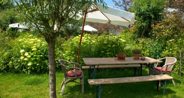garden table with a shade over