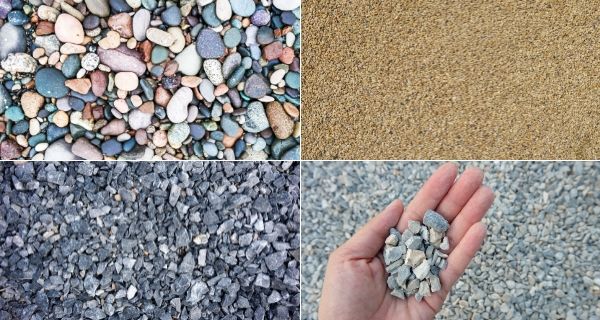 different colour and size gravel grey, sandy, pinks and silver