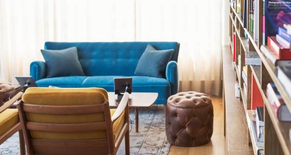 blue sofa in living room