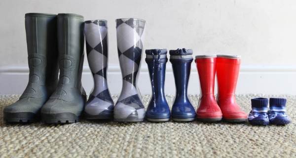 Family wellington boots lined up