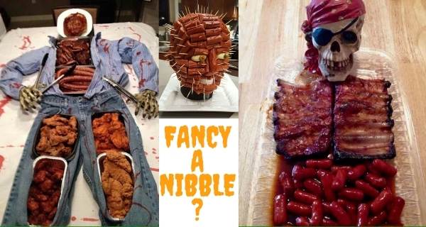 centre table for halloween clothes with food inside and a sausage skull with cocktail sausages and a pirate skull with ribs
