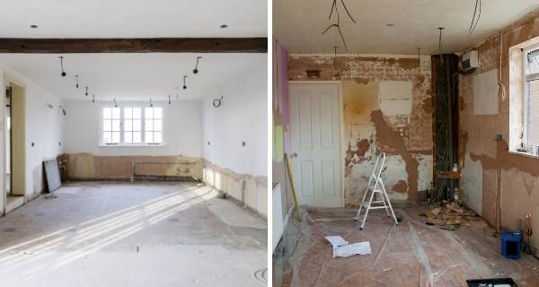 empty room with plaster and brick showing